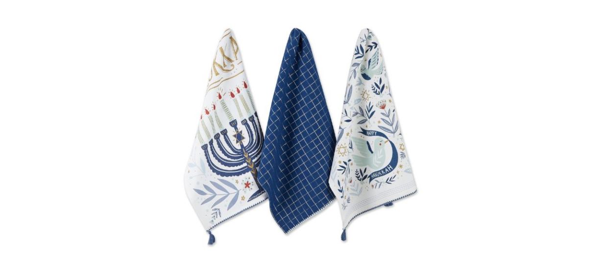 3 dish towels, blue and white, with Hanukkah designs 3 dish towels, blue and white, with Hanukkah designs