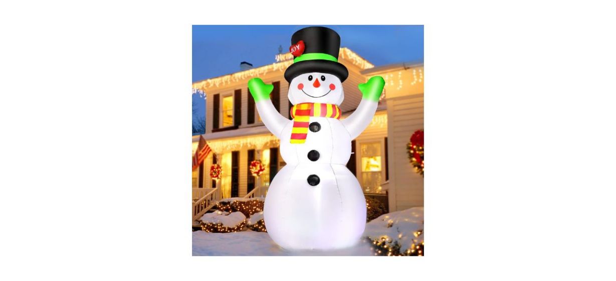 an inflatable giant snowman decoration lit up with interior LED lights an inflatable giant snowman decoration lit up with interior LED lights