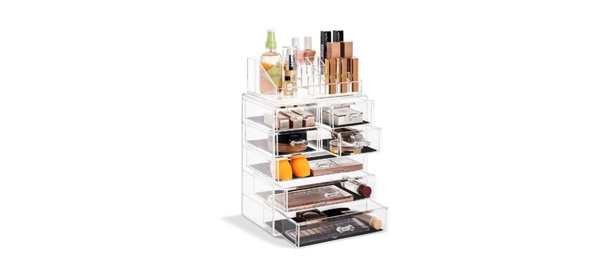 tiered Sorbus Clear Cosmetic Makeup Organizer with makeup products in it