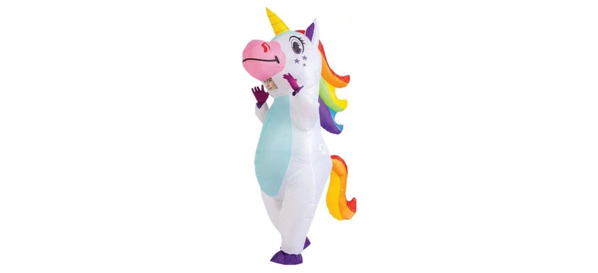 Inflatable unicorn costume on white background
