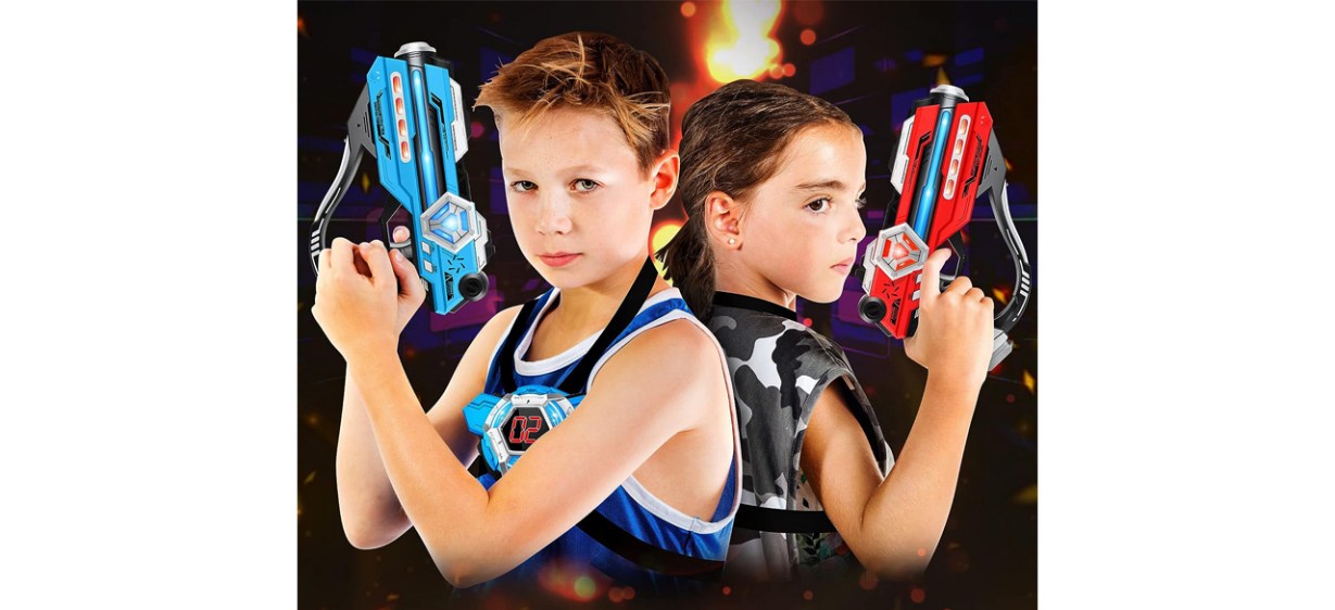 Two children holding IJO Laser Tag Gun Set