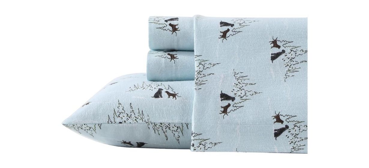 Eddie Bauer Flannel Collection Dog Friends Bedding Sheet Set in light blue with black printed designs