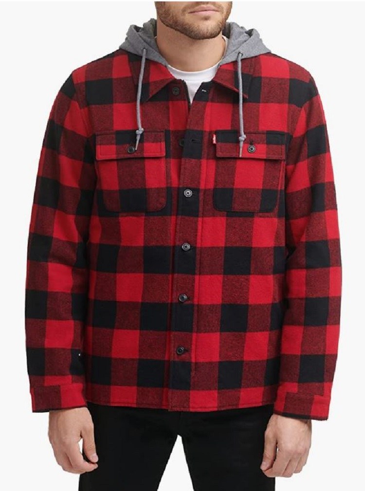 Levi's Men's Cotton Plaid Shirt Jacket with Soft Faux Fur Lining and Jersey Hood