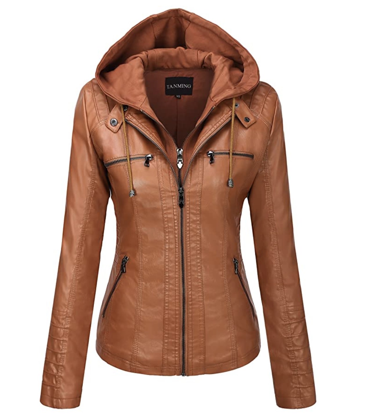 Tanming Women&#039;s Removable Hooded Faux Leather Jacket